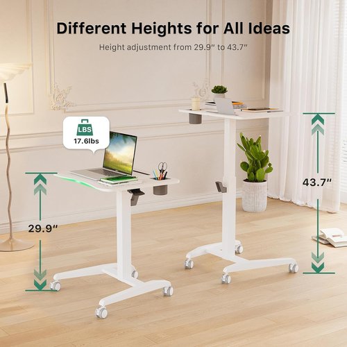 Gibbon Mounts Mobile Standing Desk - Height Adjustable Rolling Laptop Desk | 27" Portable Sit-Stand with Wheels & Hook