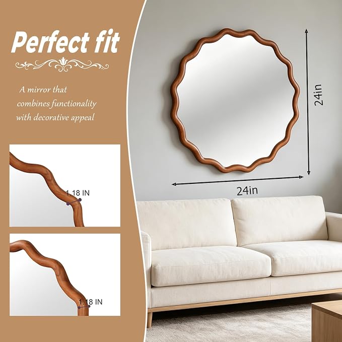 24" Wavy Edge Round Mirror, Solid Wood Framed Wall Decor with Clear Reflection for Bathroom, Bedroom, Living Room & Entryway (Yellowish-Brown)