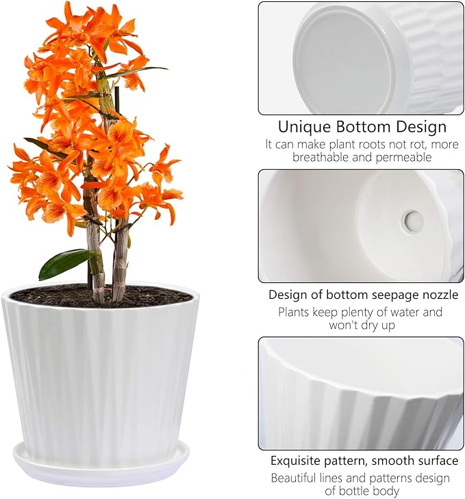 sietpoek Plant Pots - 6.7 Inch Cylinder Ceramic Planters with Connected Saucer, Pots for Succuelnt and Little Snake Plants, Set of 2, White