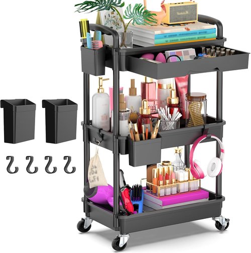 Goovilla 3-Tier Rolling Utility Cart - Sturdy Black Organizer with Removable Drawer & Lockable Wheels for Kitchen, Bathroom, Craft, and Baby Essentials