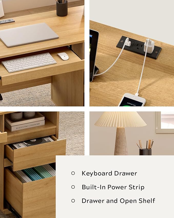 Farmhouse Executive Desk with File Drawer 59" Large Computer Desk Home Office Desk with Charging Station, Keyboard Tray, Storage Cabinet Modern Workspace for Study, Writing, Nautral Oak