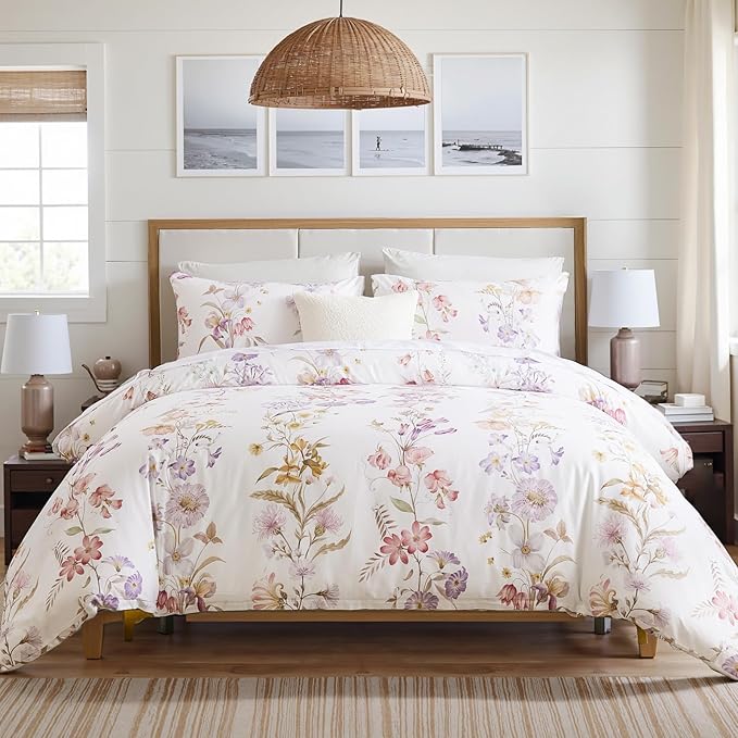 100% Cotton Duvet Cover King Size – Pastel Lavender Print Vintage Bedding Set with Zipper Closure, 3 Pieces Luxury & Silky Soft Comforter Cover for All Seasons