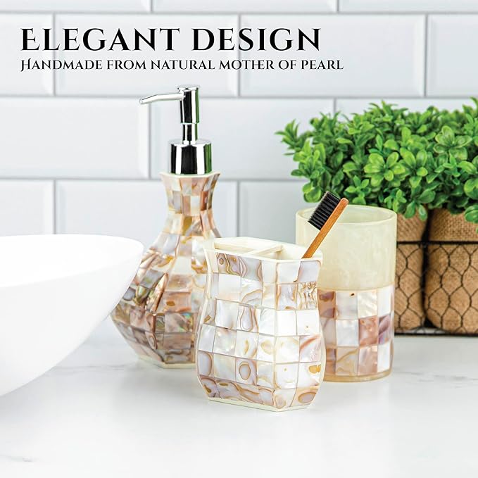 Milano Bathroom Toothbrush Holder - Decorative Bathroom Toothbrush Organizer Finished in Beautiful Mother of Pearl, 3 Slot Toothbrush Holder for Bathroom Fits Multiple Brushes