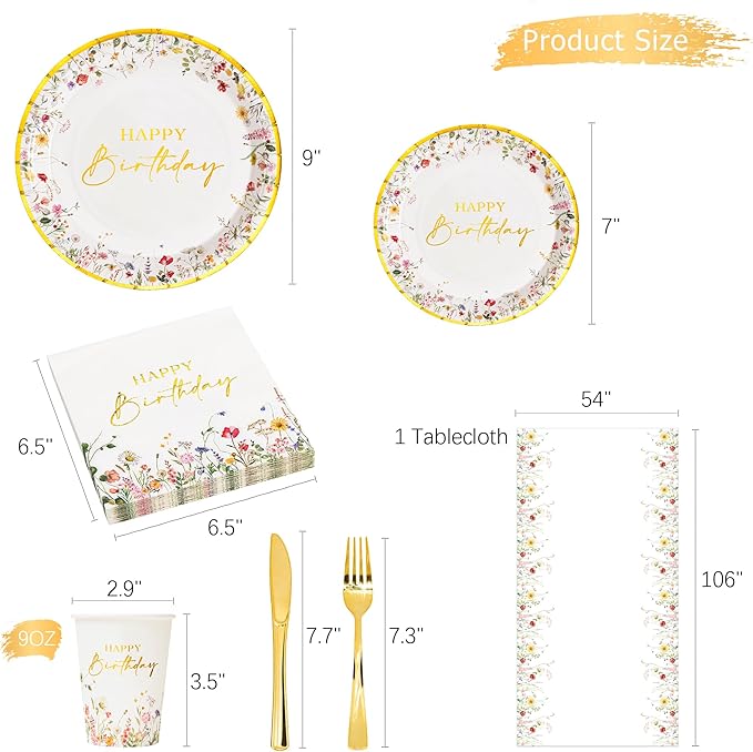 Crisky Wildflower Birthday Plates and Napkins set Women/Men Floral Disposable Tableware Set of 24 for Birthday Party Decorations (Plates, Napkin, Cups, Tablecloth, Knife & Fork)