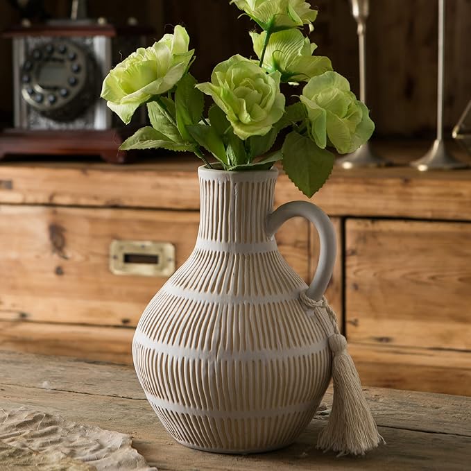 Rustic Ceramic Vase for Home Decor, Farmhouse Decorative Vases for Pampas Grass, Terracotta Vase with Tassel Design, Handle Flower Vase, Clay Vase for Living Room Decoration, 8 inch Tall