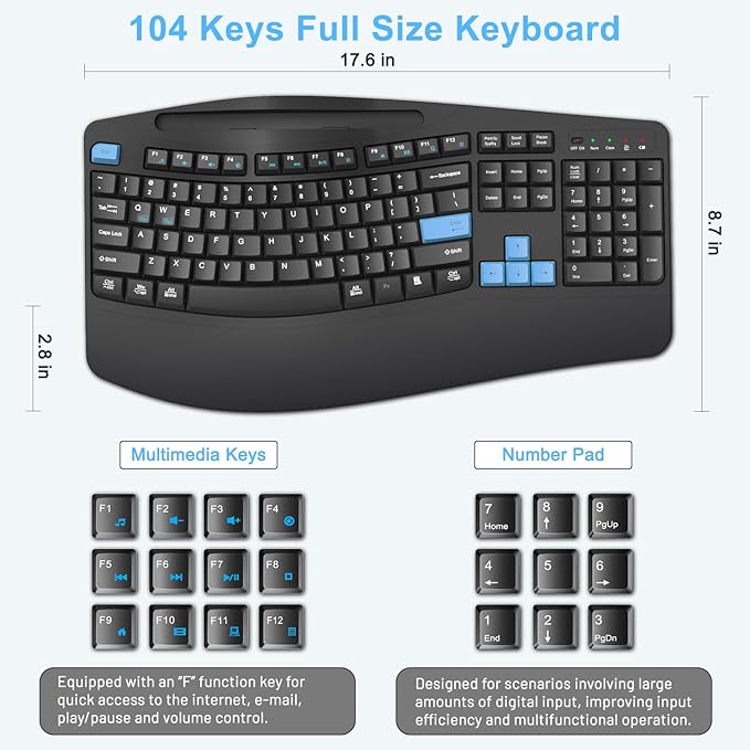 Wireless Keyboard and Mouse Combo, 2.4G Full Size Wave Keys Ergonomic Keyboard with Wrist Rest, Phone Holder, 3-Level DPI Wireless Silent Mouse with 6-Buttons, for Windows, Mac OS, Laptop (Blue Black)