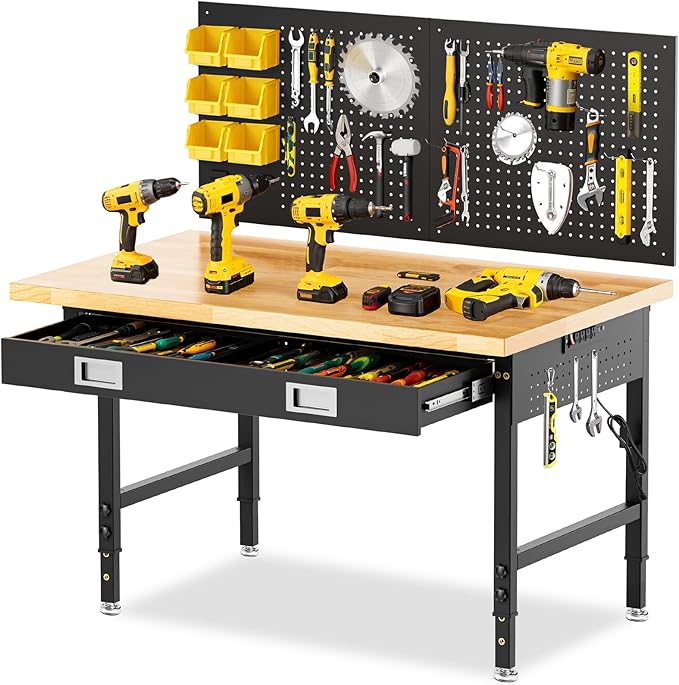 48" Workbench for Garage with Drawers Rubberwood Tabletop Work Table with Pegboard, Power Outlets Adjustable Height Work Bench for Office, Woodworking Shop, Home