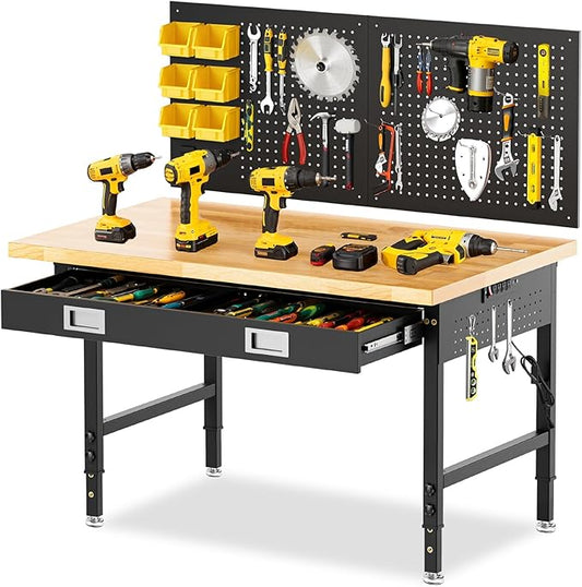 48" Workbench for Garage with Drawers Rubberwood Tabletop Work Table with Pegboard, Power Outlets Adjustable Height Work Bench for Office, Woodworking Shop, Home