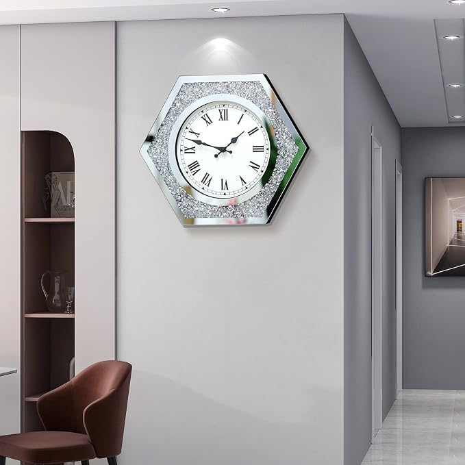 Large Wall Clock for Living Room Decor Crystal Crush Diamond Mirrored Sparkle Twinkle Bling Modern Wall Clock Big Silver Mirror Home Decorative 20 inch Silent Wall Clock for Indoor Decor