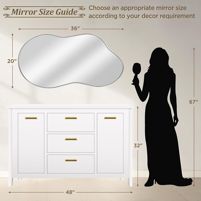 Dorlicecass Irregular Wall Mirror - Wall Mirrors Decorative 20"x36" Silver Asymmetrical Mirror Tempered Glass Aviation Aluminum Alloy Frame for Bathroom, Bedroom, Living Room, Cloakroom, Entryway