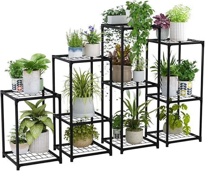 Bamworld Plant Stands Indoor 4 Sets Plant Shelves Outdoor Metal Plant Holder for Multiple Plants Flower Stands for Living Room Balcony Garden Patio Lawn Window Black