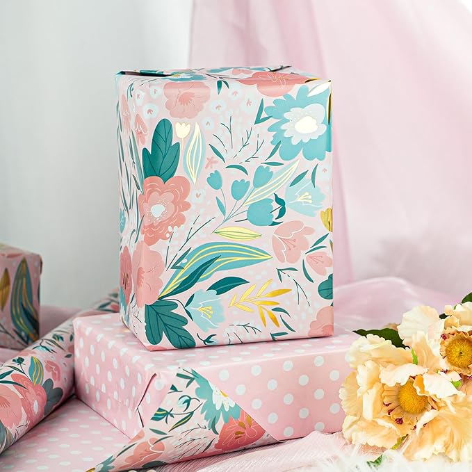 Burymento Pink Flower Wrapping Paper, Reversible Pink Dot Design Gift Wrap for Baby Shower, Birthday, Valentines, Mothers day, Graduation, Wedding, Fathers day, Christmas (17 Inch X 32.8 Feet)