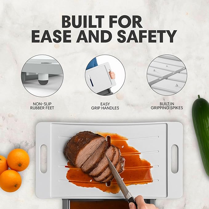 XL Meal Prep System Cutting Board - Large Cutting Board with Juice Groove, Spikes, Drip Tray & Removable Surface - Carving Board - BBQ Essential & Kitchen Gifts - BPA Free Cutting Board - Grey