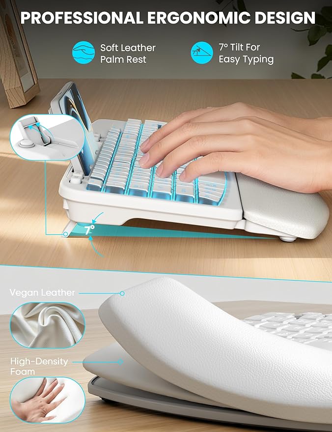 SABLUTE Wireless Keyboard and Mouse Combo - Ergonomic Wave Keyboard with Soft Leather Wrist Rest, Phone Holder, Rechargeable, RGB Backlit Mouse, Full-Size Set for Windows/Mac/Computer (White)