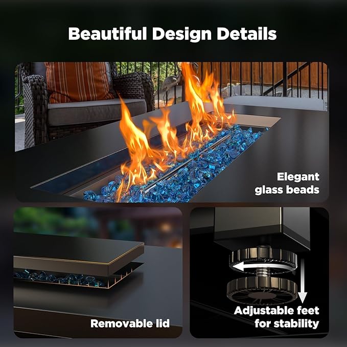 Ciays 43-Inch Propane Fire Pit Table with Glass Beads & Lid, CSA-Certified Gas Fire Pit with Cup Holders, Hanging Shelf & Nylon Cover, Outdoor Fire Pit for Patio & Deck, 60,000 BTU Heat Output