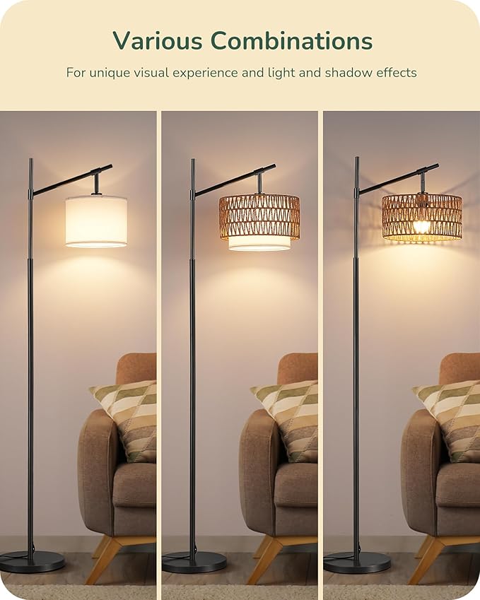 EDISHINE Rattan Floor Lamp with Dimmable Bulb, 5 Color Temperatures, Adjustable Farmhouse Standing Lamp with Remote, Black Floor Lamps for Living Room, Office, Bedroom