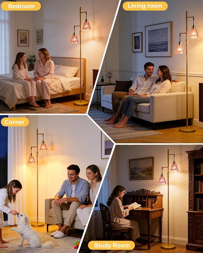 Lightdot 2-Light Gold Flower Floor Lamp, 65IN Rose Red Glass Floor Lamp with 3000K Warm White Bulbs, Modern Standing Tall Lamp with 5Lbs Heavy Base for Living Room Bedroom Home Office Sofa Beside