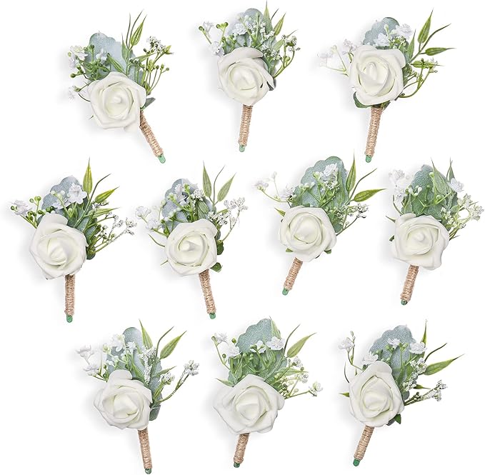 Rose Boutonnieres for Men Wedding Groom and Groomsmen White Boutonniere for Rustic Fall Vintage Wedding Prom Set of 10