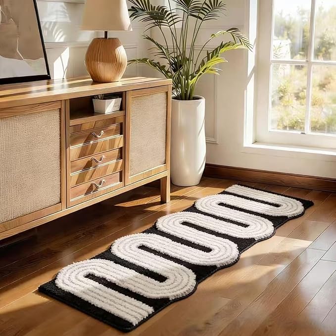 Geometric Design Boho Runner Bathroom Rugs, Long Scalloped Cute Bath Mat Non Slip for Bedroom Kitchen Hallway Laundry Room, Funky Retro Farmhouse Bath Rug Washable, Black/Grey, 51"x20"