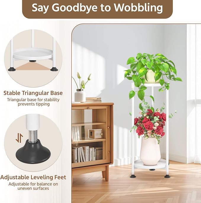 LASZOLA 2 Tier White Plant Stand Indoor for Large Tall Heavy Duty Flower Planter, Metal Vertical Multi Level Rack for Narrow Floor Corner, Sturdy Round Holder Organizer, Modern, Mid Century, Farmhouse