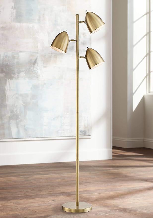 360 Lighting Aaron Mid Century Modern Tree Floor Lamp 64" Tall Aged Brass Gold Metal Adjustable Swivel 3-Light Dome Shade Decor for Living Room Reading House Bedroom Home Office House