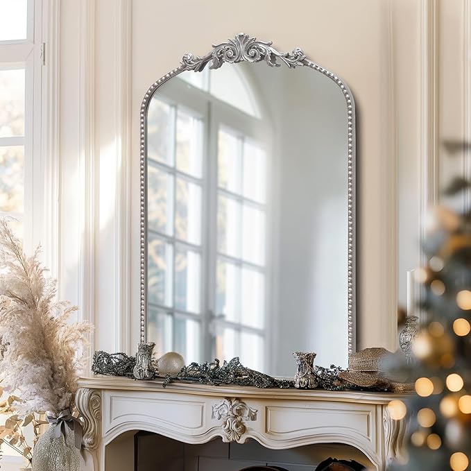 Antique Silver Arch Wall Mirror, 24"x36" Traditional Vintage Mantel Mirror with Ornate Metal Frame, Baroque Home Decor for Fireplace/Entryway/Bathroom/Living Room/Hallway