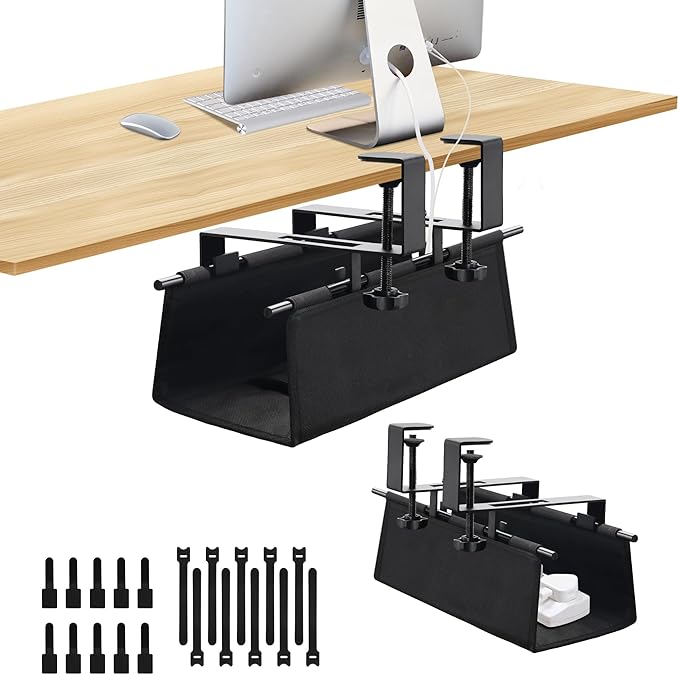 Under Desk Cable Management Tray, Clamp-On Cord Organizer，No Drilling Required, Holds Up to 22 lbs, for Cords, Routers, Power Strips (Black, 28.4inch)
