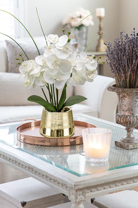 Oairse Artificial White Phalaenopsis Orchid Flower Arrangements Faux Orchid Flower in Gold Pot Orchid Centerpiece for Dining Room Table