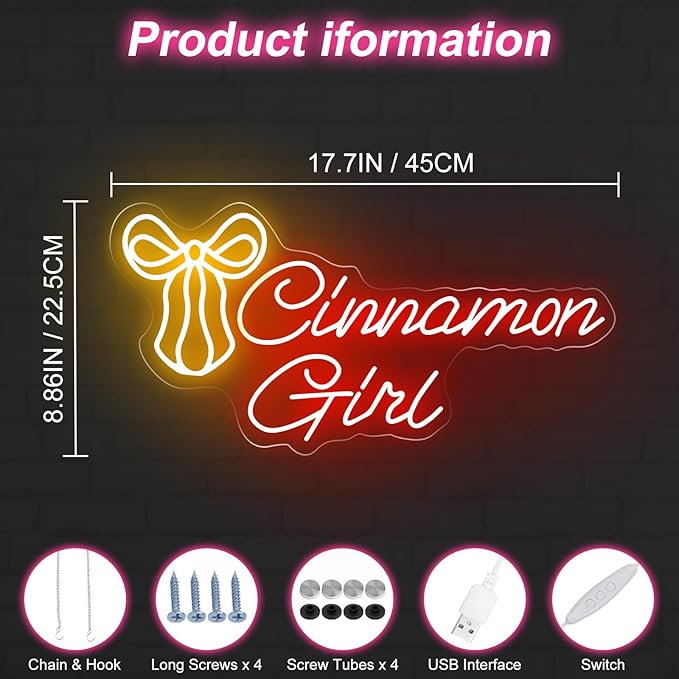 Cinnamon Girl with Bow Tie Neon Sign Cinnamon Sweet Girl Sign Room Art Decor Lana Del Rey Neon Sign Bedroom Wall Decor,Encouraging Light, Club-Red-17.7"x8.86"