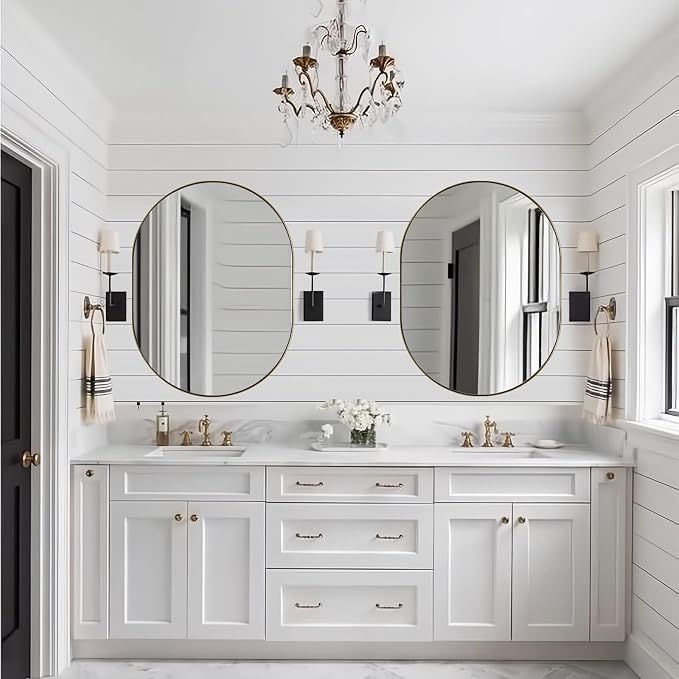 ANDY STAR 30x40'' Large Brass Oval Mirror, Brushed Brass Bathroom Mirrors Pill Shaped in Stainless Steel 1’’ Deep Wall Mounted Vertically & Horizontally
