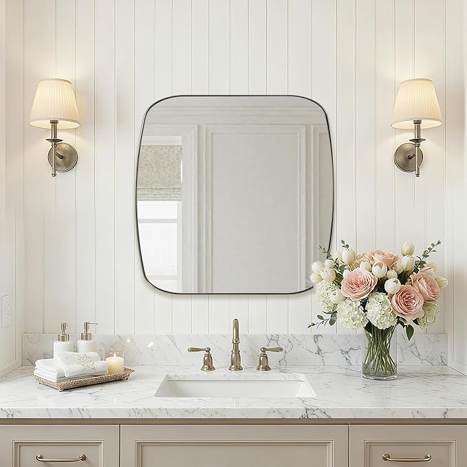 ANDY STAR Brushed Nickel Bathroom Mirror, 24x24 Oblong Mirror with Stainless Steel Metal Frame, Silver Vanity Mirror for Over Sink, Modern Anti Rust Wall Mounted