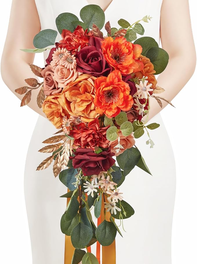 Serwalin 9.8 Inch Wedding Bouquets for Bride Bridesmaid, Orange Burgundy Dahlia Bridal Bouquets for Bride, Wedding Flowers Bouquet, Wedding Ceremony and Anniversary Decor