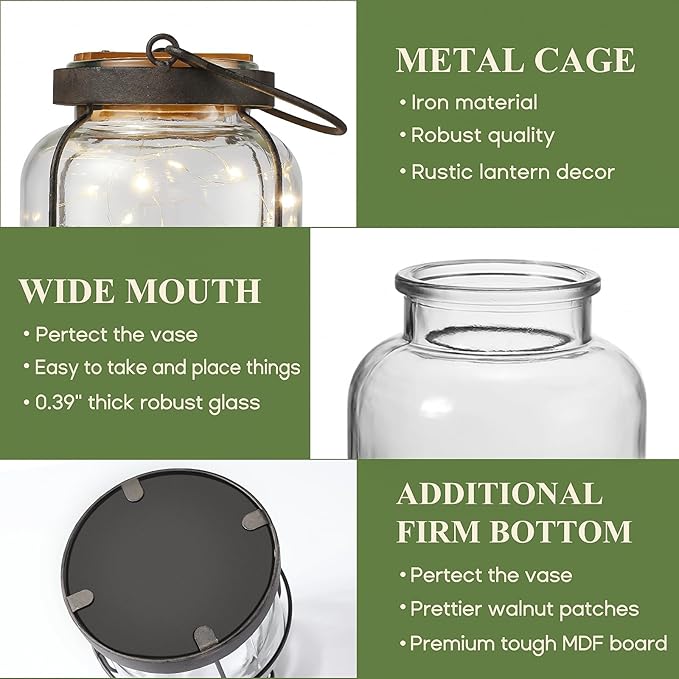Vintage Farmhouse Lantern Decor LED Lighted Vase, Rustic Glass Vase with Artificial Flowers 4pcs Lavenders & Eucalyptus, Farmhouse Table Centerpiece for Floral Arrangements-Hidden Switch Lid