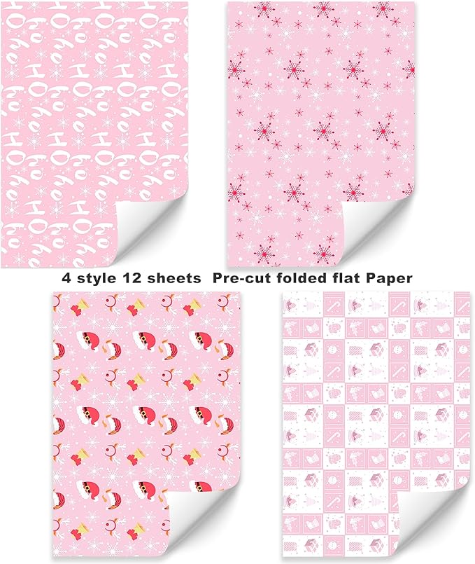 PlandRichW Pink Christmas Wrapping Paper 12 Sheets Folded for Girls Kids Adults, 20 x 29 inches Gift Wrap 4 Designs including HO Prints, Santa Claus, Snowflakes and Reindeer Holiday Collection