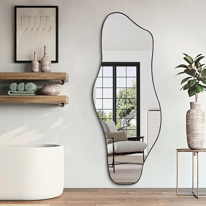 Irregular Wall Mirror, 60"x24" Asymmetrical Tempered Glass Mirror, Large Frameless Organic Shape Mirrors for Entryway Hallway Bedroom Living Room, Horizontal or Vertical Hanging
