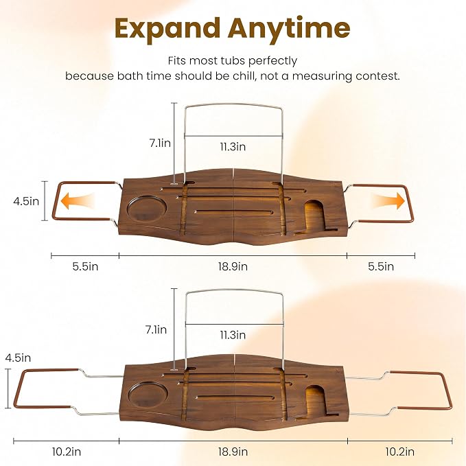 Teak Bathtub Tray Expandable Bathroom Tray for Home Spa Relaxation, Wooden Tray Caddy for Bathtub, Teak Bathtub Caddy as Unique Housewarming, Birthday, Wedding Shower Gifts. Light Walnut