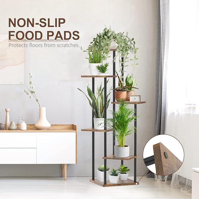 Oppro 6 Tier Tall Plant Stand Indoor Outdoor, Large Wood Metal Planter Shelf Holder for Narrow Corner, Sturdy Vertical Multiple Flower Orchid Pot Decorative Rack for House Living Room Bedroom Office, Rustic Black