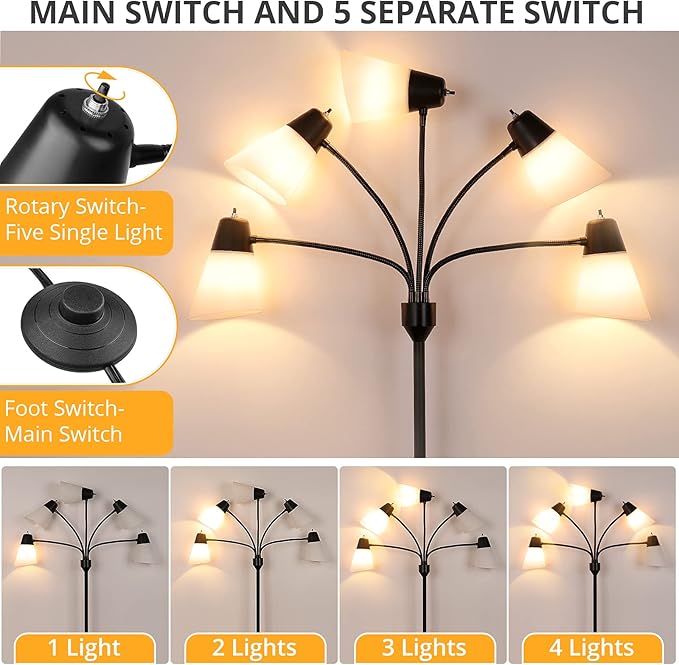 FOLKSMATE LED Floor Lamp, Medusa Multi Head Modern Tall, Rustic Adjustable Reading Standing Light for Living/Kids Room, Bedroom, Black