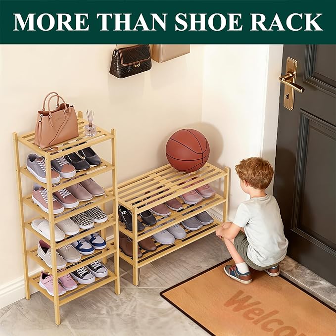 Smiry Bamboo Shoe Rack 4-Tier, Stackable Wooden Shoe Organizer for Entryway & Closet, Free Standing Wood Shoe Storage Shelf for Front Door & Small Spaces, Natural