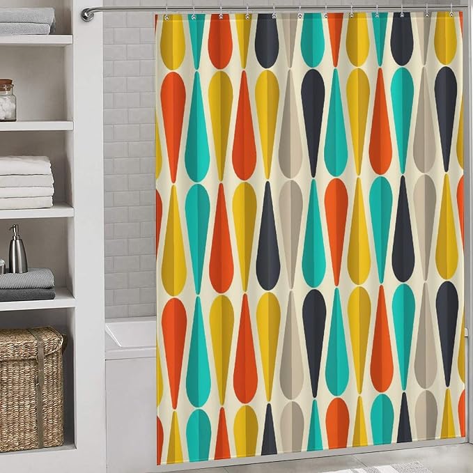 Mid Century Modern Shower Curtain,Colorful Abstract Geometric Drop Shapes Art Style Shower Curtains Set for Bathroom Fabric Decorative Bath Curtain Washable Curtain Hooks, 72x72 inch