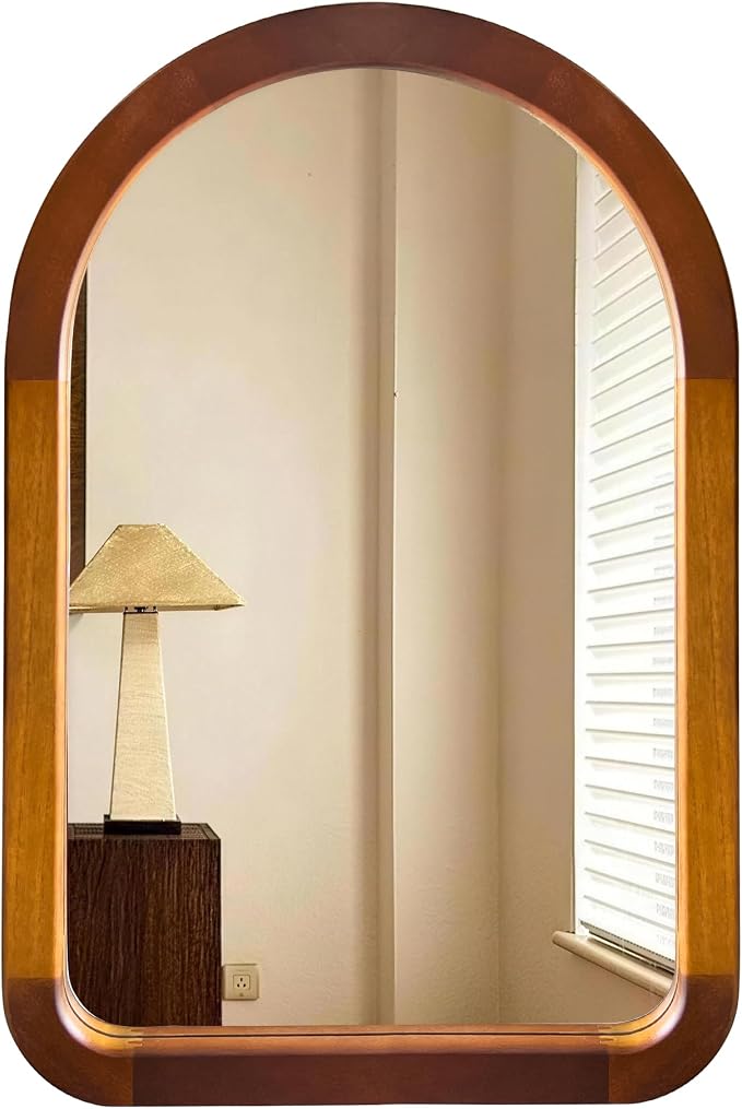 Arched Bathroom Mirror,Wood 24 x 36 Inch Arch Wall Mirror with Walnut Frame,Vanity Tempered Glass Mirror for Bedroom,Entryway,Living Room