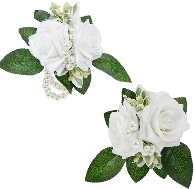 Meldel White Corsage and Boutonniere Set,Set of 2,Rose Wrist Corsage Wristlet Bracelet for Bride Bridesmaid Girls,Boutonniere for Men,Groomsmen and Groom Boutonniere for Wedding,Prom,Homecoming,Party
