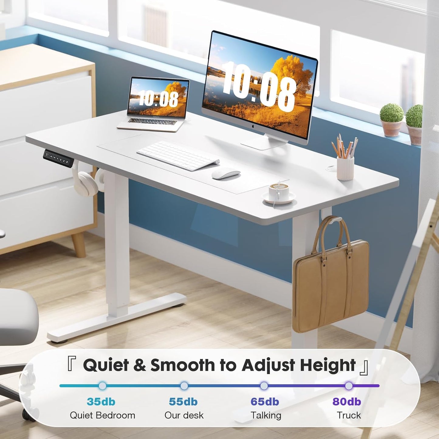 Sweetcrispy Electric Standing Desk - Adjustable Height 55x24 Inch Sit Stand Home Office Workstation | White Metal Frame