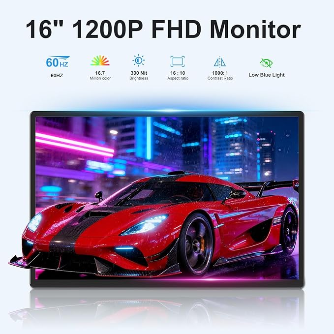 Portable Monitor 16" 1200P FHD Laptop Screen Extender, Horizontal Vertical Monitors with Detachable Kickstand, Built-in Speakers, Plug & Play Computer Gaming Travel Monitor for Wins Mac Chrome Phone