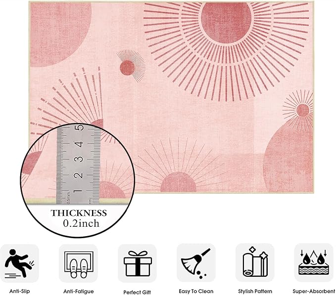 Large Area Rug 6x9 Sun Rug Living Room Mid Century Modern Rugs Machine Washable Boho Geometric Rug Non Slip Printed Low Pile Indoor Floor Carpet for Dining Room Bedroom Office,Pink