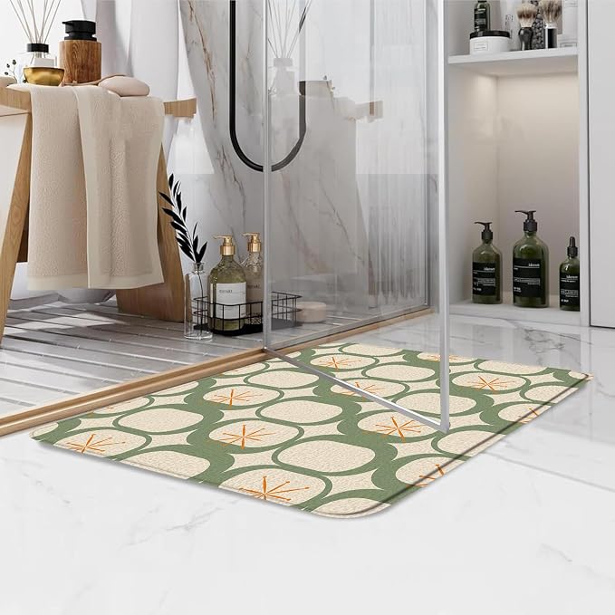 Mid Century Modern Bath Mat Abstract Atomic Geometric Retro 1950s Sage Green Bathroom Kitchen Toilet Rugs,24x48 Inch