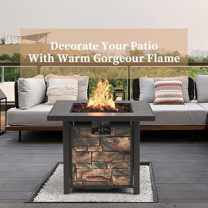 YATEMATE 32'' Propane Fire Pit Table for Outdoor, Sintered Stone Tabletop & Polyresin Stone-Look Panel, 50000 BTU Gas Fire Pit Table for Outside Patio and Garden, with Lava Rock & Metal Lid