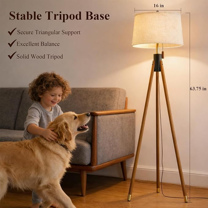 Mid Century Modern Tripod Floor Lamp, Gold Accented Two-Tone Solid Wood Floor Lamp with Black-Finished Solid Wood Center, Linen Shade & Pull Chain, Tall Lamp for Living Room Bedroom Reading Corner