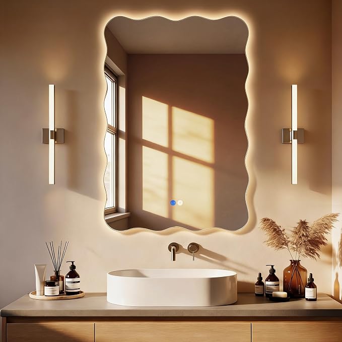 Wavy Led Bathroom Mirror- Vanity Mirror with Lights IP54 Enhanced Anti-Fog, 24"x36" Single Piece 3 Colors Dimmable, Memory,Tempered Glass,UL Listed