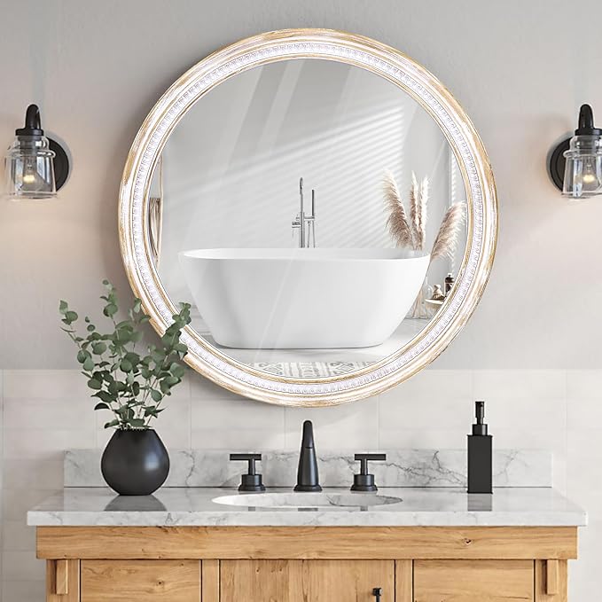 HOITUZYUS 30 Inch Rustic Farmhouse Round Wall Mirror, Boho Wooden Decorative Circle Mirror for Bathroom Vanity, Living Room, Entryway, Bedroom, Hallway